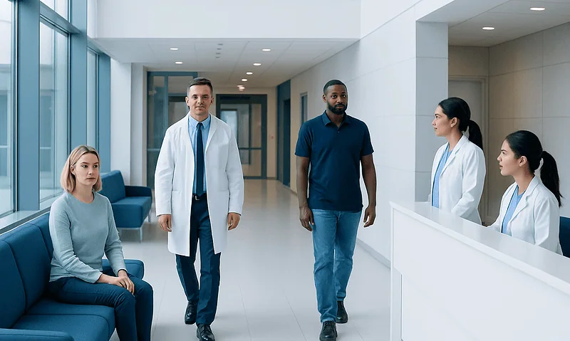 Hospital waiting area with medical staff and patient in modern healthcare facility.