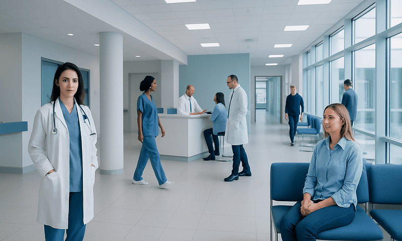 Healthcare professionals and patients in a modern hospital lobby.