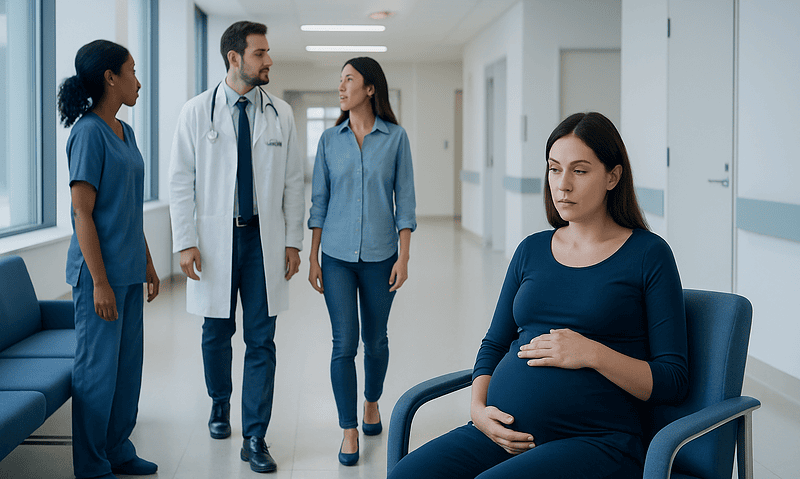 Pregnant woman in hospital waiting area with medical staff discussing health.
