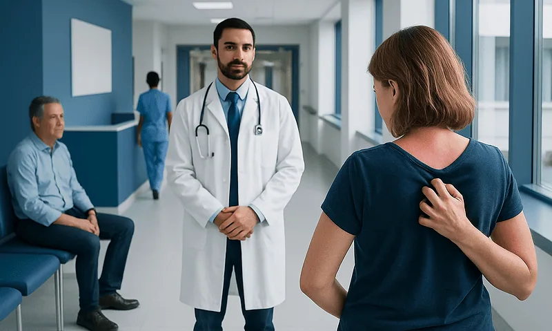 Doctor consulting a patient in a hospital corridor at Acibadem Hospitals Group.
