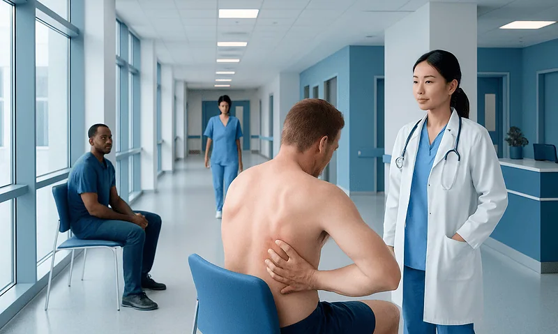 Doctor consulting patient in hospital corridor with waiting area.