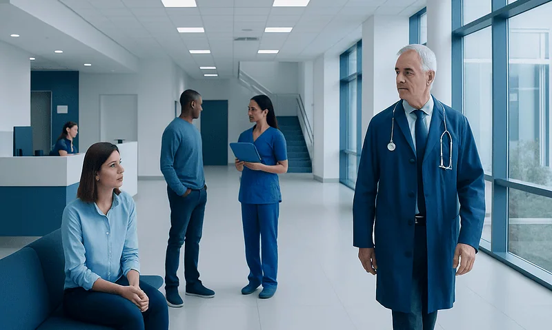 Medical consultation in a modern hospital corridor with healthcare professionals.