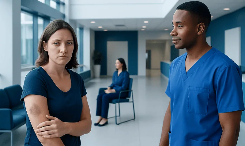 Patient with bruise talking to healthcare professional at Acibadem Hospital.