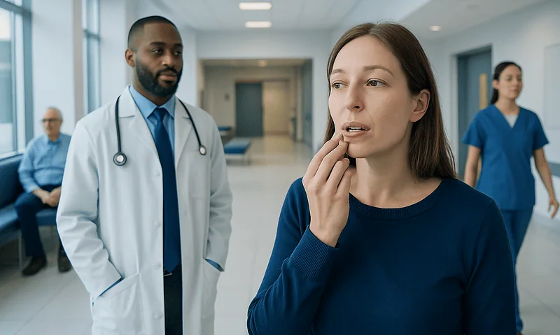 Woman with chapped lips consulting doctors in hospital corridor.