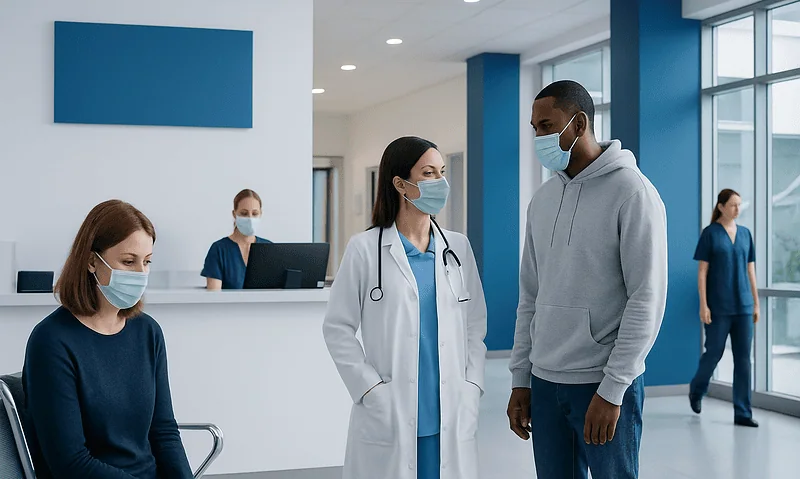 Healthcare professionals and patient in a modern hospital lobby wearing masks.