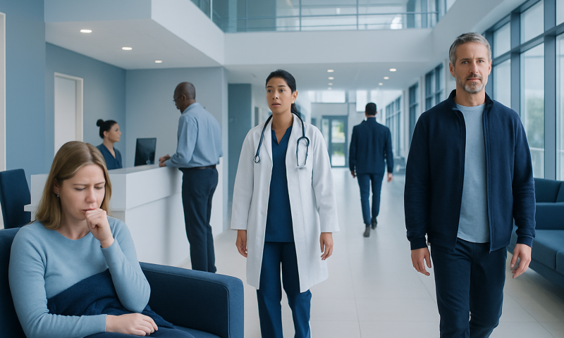 Patients and medical staff in a modern hospital corridor.