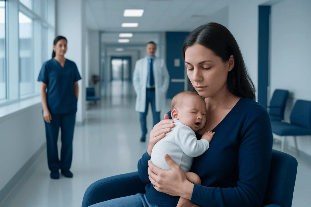 Alleviating Gas in Newborns: An Evidence-Based Guide for Patients 1 Mother holding crying newborn in hospital corridor with medical staff in background.