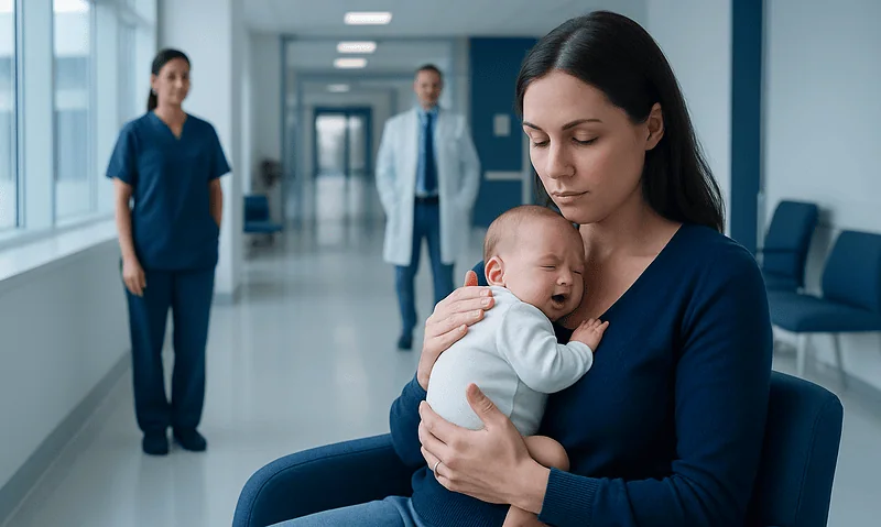 Mother holding crying newborn in hospital corridor with medical staff in background.
