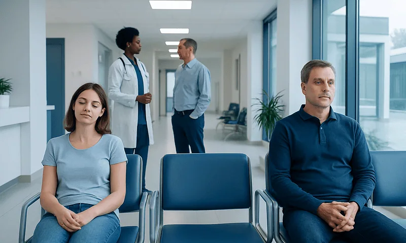 Patients waiting in a hospital corridor with medical staff in the background.