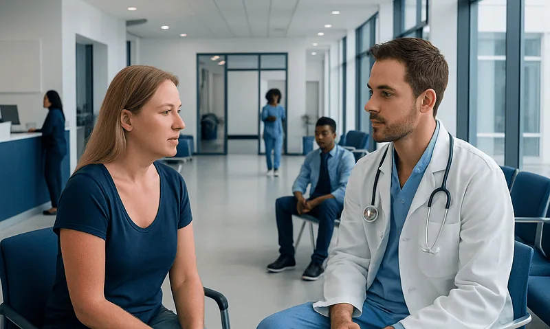 Doctor consulting a patient in a hospital corridor with other staff in the background.