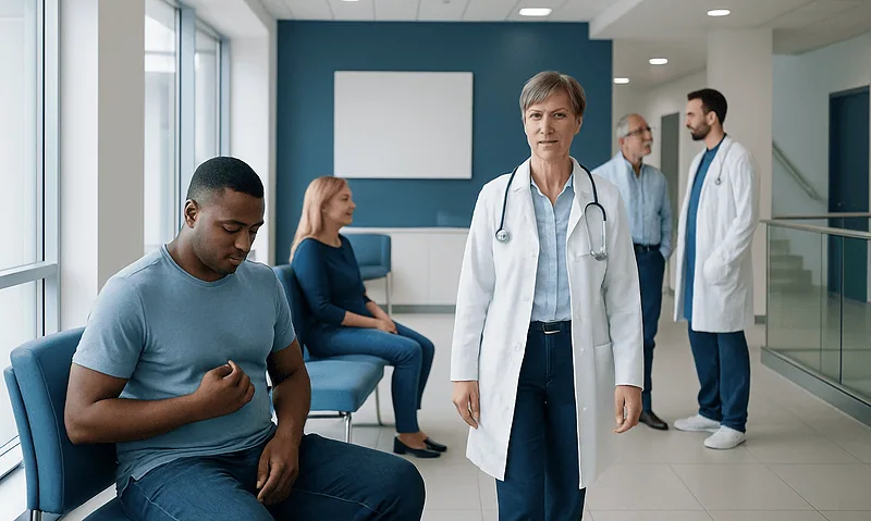 Doctor consulting male patient in hospital waiting area.
