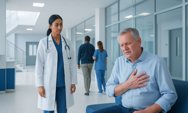 Doctor examines man with chest pain in hospital corridor.