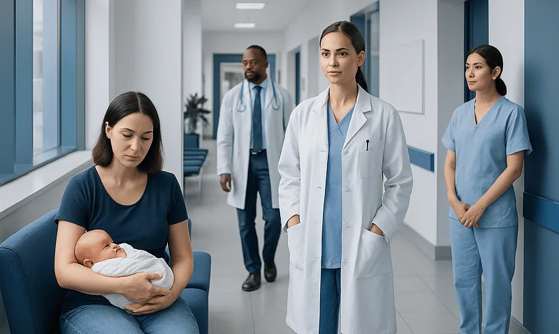 Medical team with a mother and newborn in hospital corridor.