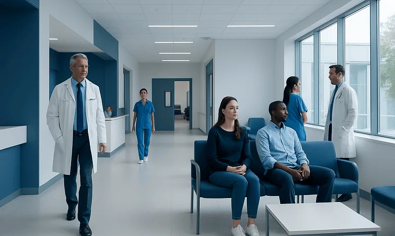 Modern hospital corridor with doctors and patients in a healthcare setting.