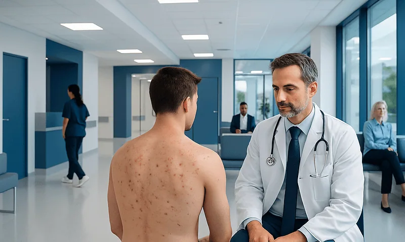 How to Get Rid of Back Acne? Here Is What the Evidence Says 12 Doctor examining back acne in a hospital setting with patient and staff nearby.