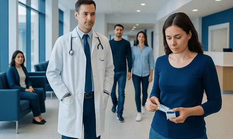 Doctor and patients in a hospital corridor, woman using a mobile device.
