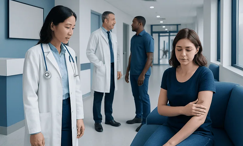 Medical consultation with a young woman and doctors in a hospital corridor.