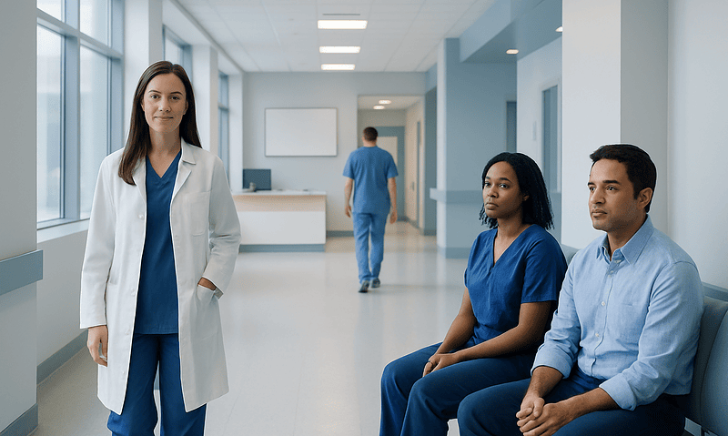 Medical professionals waiting in a hospital corridor with a doctor standing.