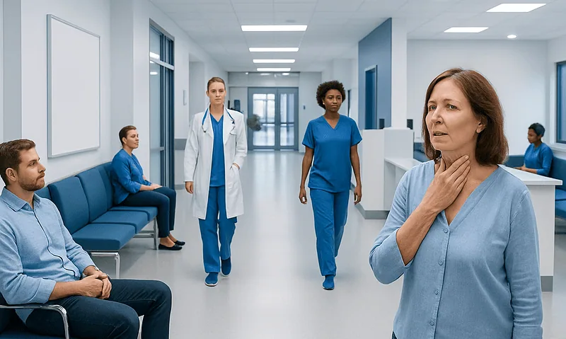 Patient experiencing throat discomfort in a hospital waiting area.