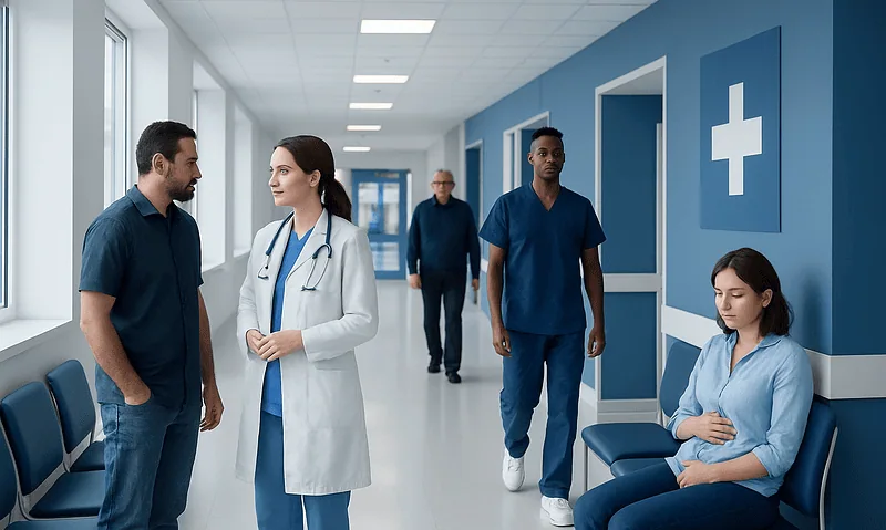 Medical staff and patients in a hospital corridor at Acibadem Hospitals Group.