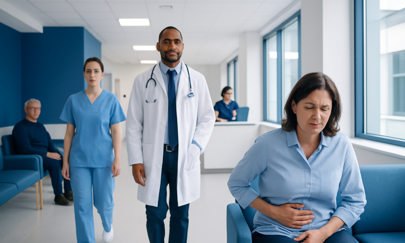 Patient experiencing abdominal pain in hospital corridor with medical staff nearby.