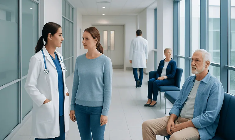 Doctor consulting patient in hospital corridor with waiting area.