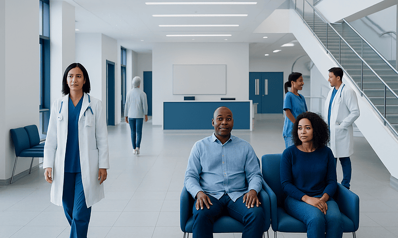 Diverse group of patients and healthcare professionals in a modern hospital lobby.