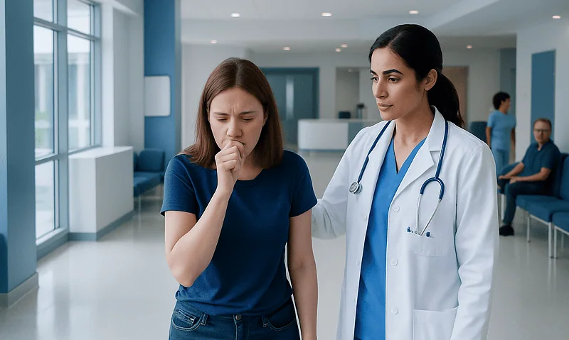 Doctor examining a patient with hiccups in a hospital corridor.