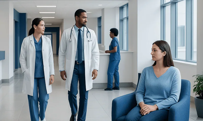Medical team consulting with patient in hospital corridor.