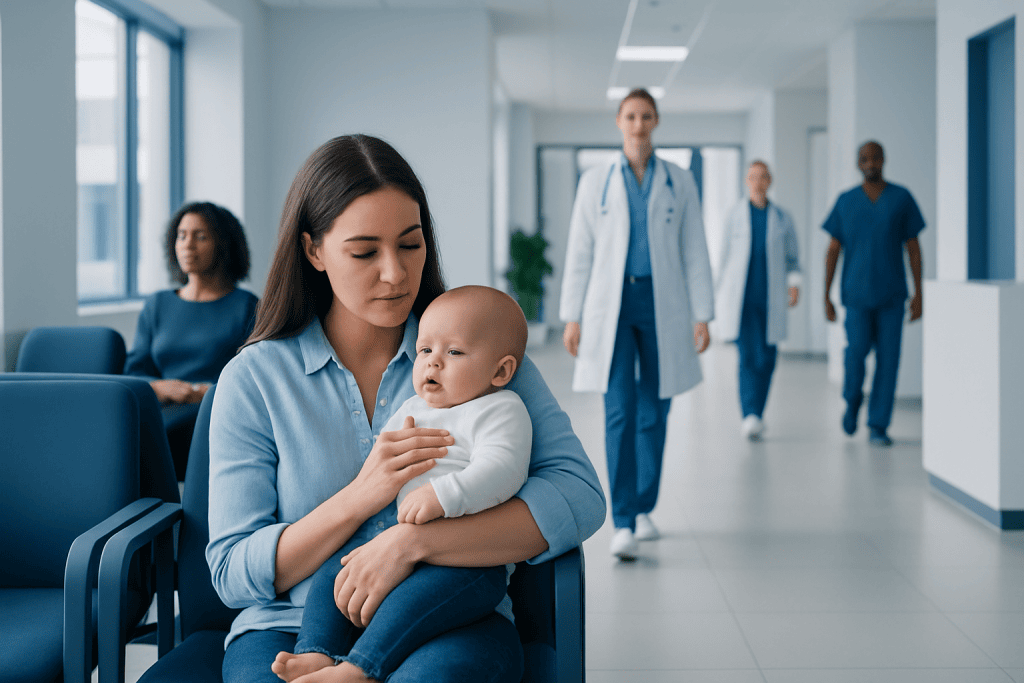 How Do You Stop Infant Hiccups? Here Is What the Evidence Says 1 Young mother with baby in hospital waiting area at Acibadem Hospitals Group.
