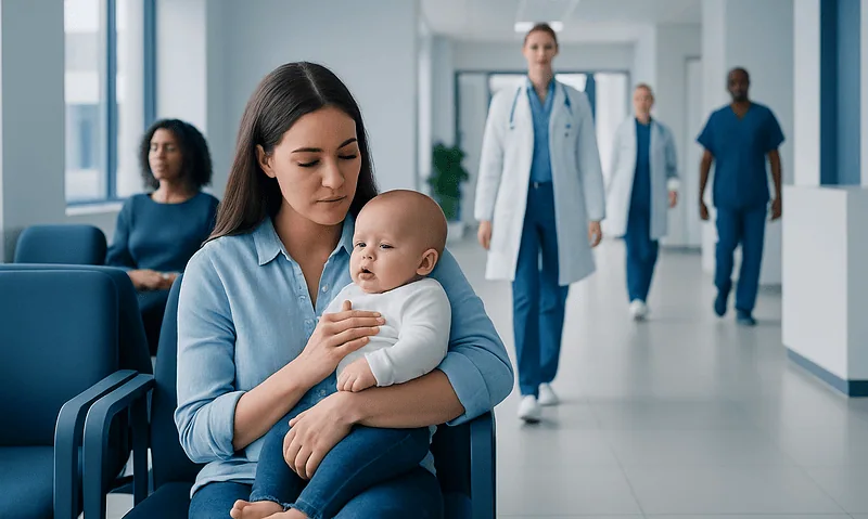 Young mother with baby in hospital waiting area at Acibadem Hospitals Group.