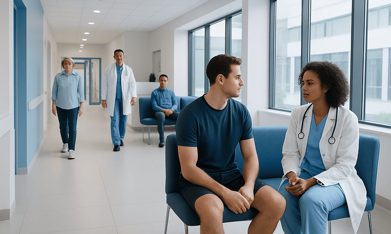 Doctor consulting with a young male patient in a hospital corridor.