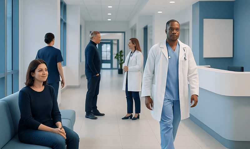 Medical professionals and patients in a modern hospital corridor.