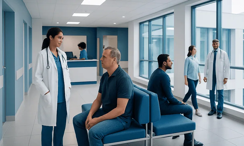 Doctor consulting with patient in modern hospital waiting area.