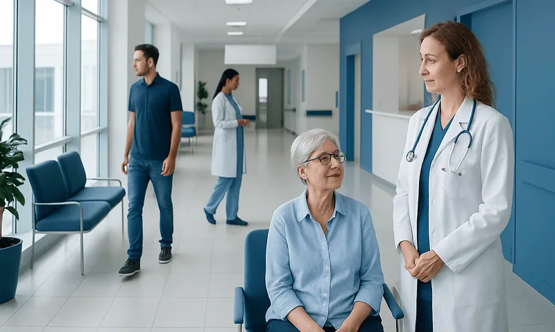 Doctor talking to elderly patient in hospital corridor.