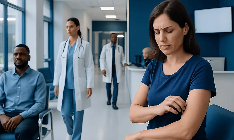 How to Get Rid of Mosquito Bites? Causes, Explanations, and Next Steps 9 Woman with mosquito bites experiencing discomfort in a hospital setting.