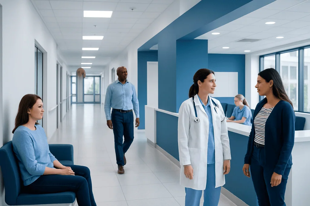 How to Fall Asleep? Here Is What the Evidence Says 1 Healthcare professionals and patients in a modern hospital corridor.