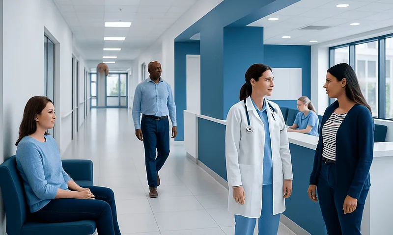 Healthcare professionals and patients in a modern hospital corridor.