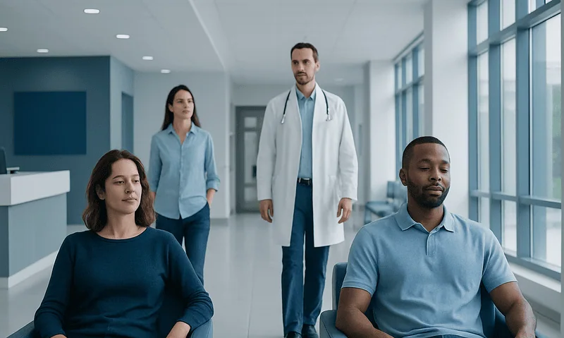 Patients in a hospital waiting area with a doctor walking by.