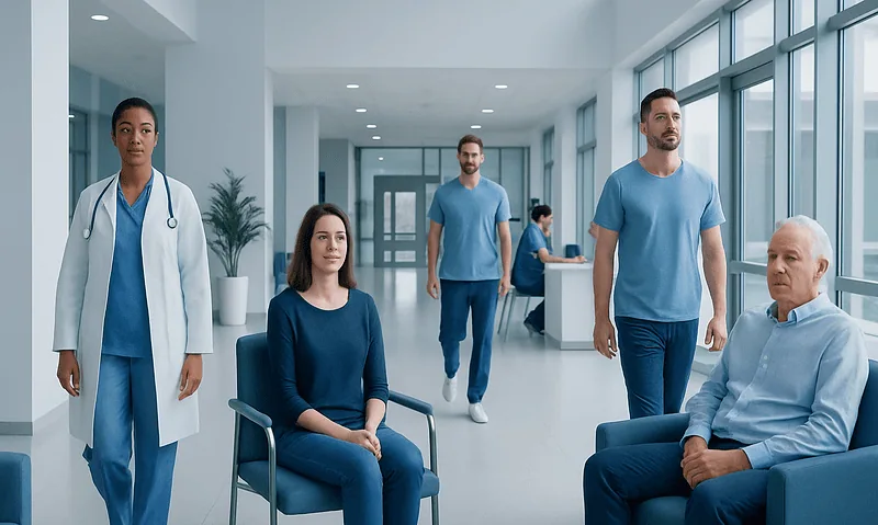 Medical team in hospital corridor with patients and staff in blue scrubs.