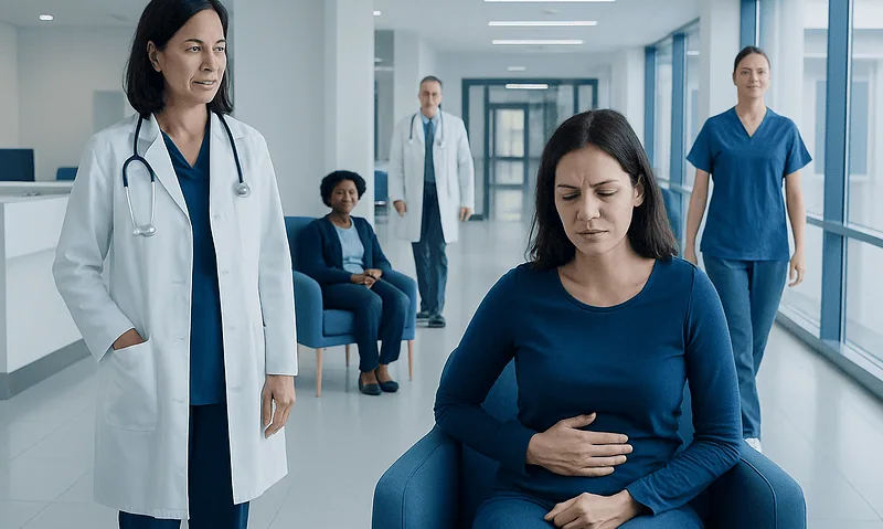 Patient experiencing nausea in hospital corridor with medical staff nearby.