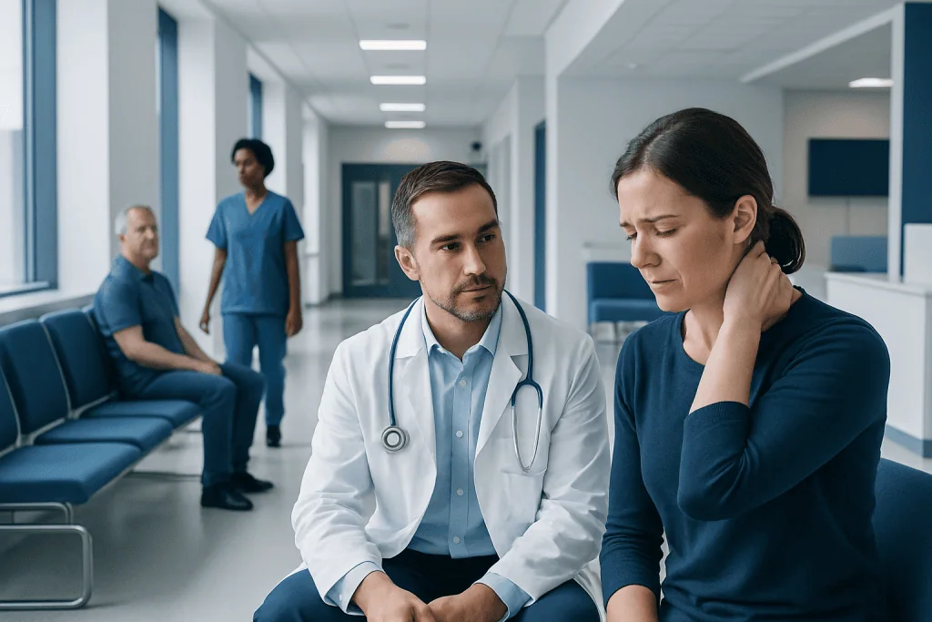 Neck Pain Relief Explained: Common Triggers and Red Flags 1 Doctor consulting a woman with neck pain in a hospital corridor.
