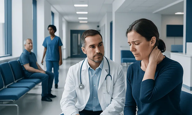 Doctor consulting a woman with neck pain in a hospital corridor.