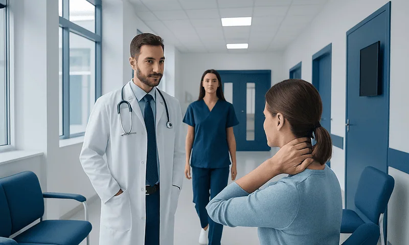 Doctor consulting a patient in a hospital corridor with nurses nearby.