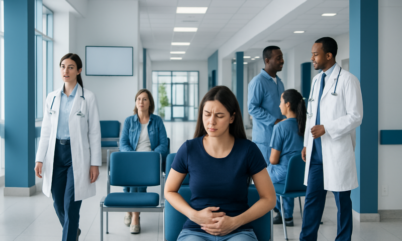 Woman experiencing menstrual cramps in a hospital waiting area.