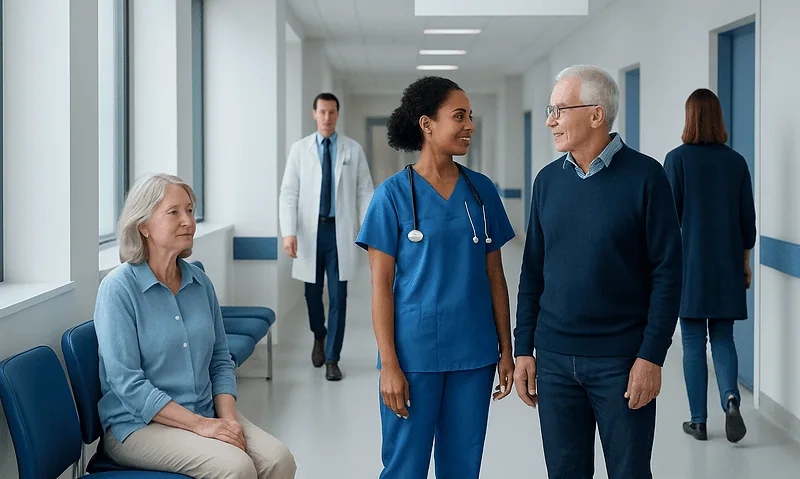 Healthcare professionals and patient in hospital corridor at Acibadem Hospitals Group.
