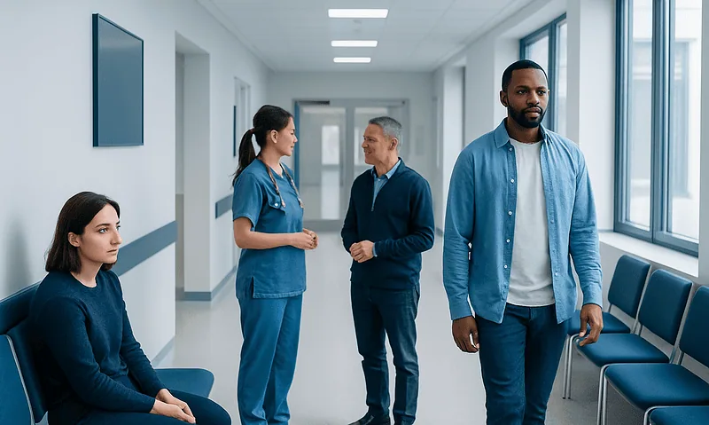 Diverse medical staff in hospital corridor discussing patient care.
