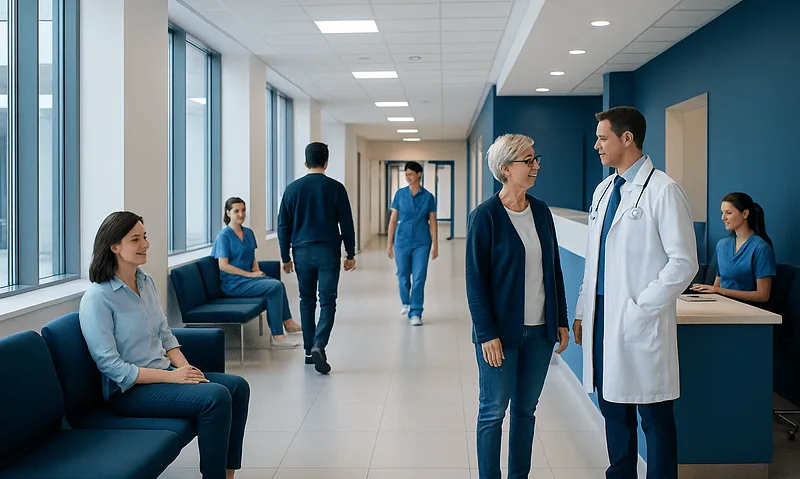 Healthcare professionals and patients in a modern hospital corridor.