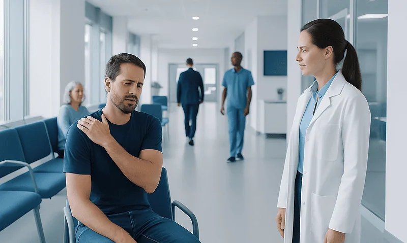 Patient experiencing shoulder pain during a medical consultation at Acibadem Hospital.