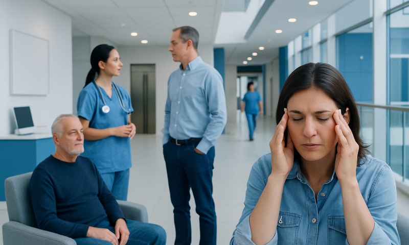 Patient with sinus pressure consulting with healthcare professionals at hospital.